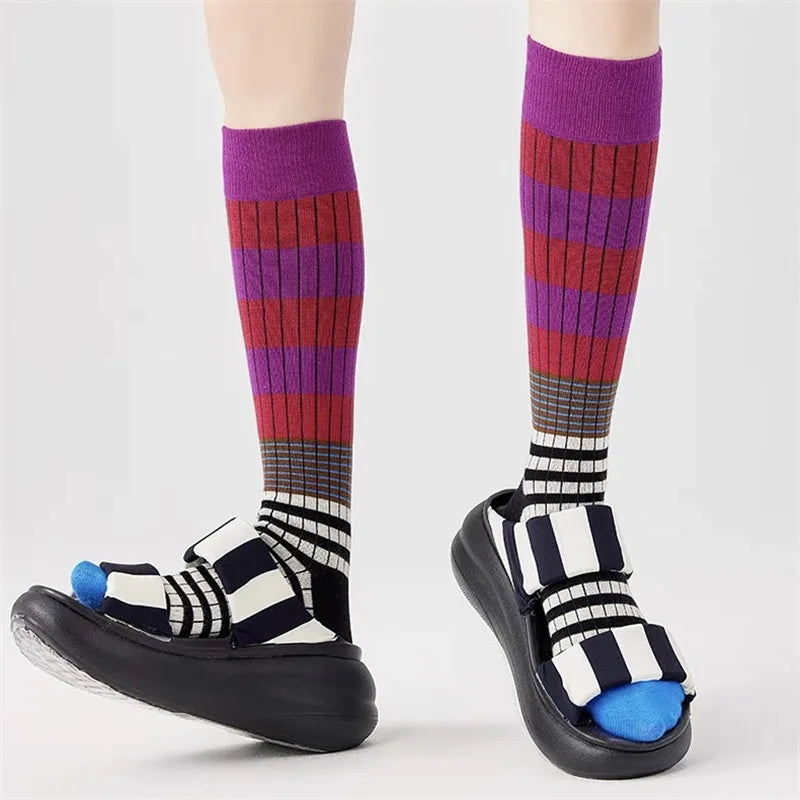 Autumn Winter Gradient Striped Colorful Retro Cotton Women High Tube Soft Sport Casual Calf Socks