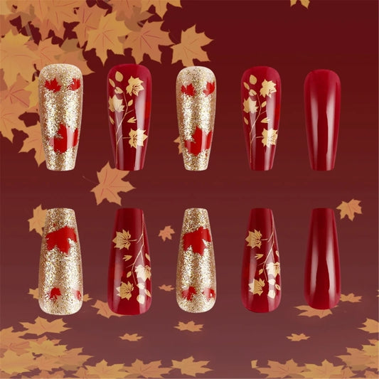 24pcs Short Square Maple Leaf Red Gold Fall Women Press on Nails