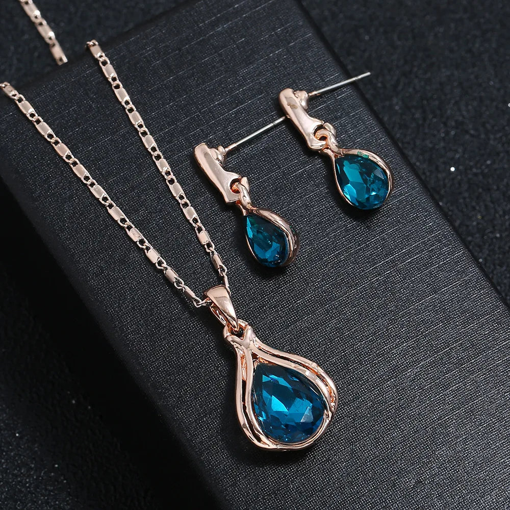 Fashion European American Zhihai Creative Geometric Blue Green Water Drop Women Earring Necklace Set