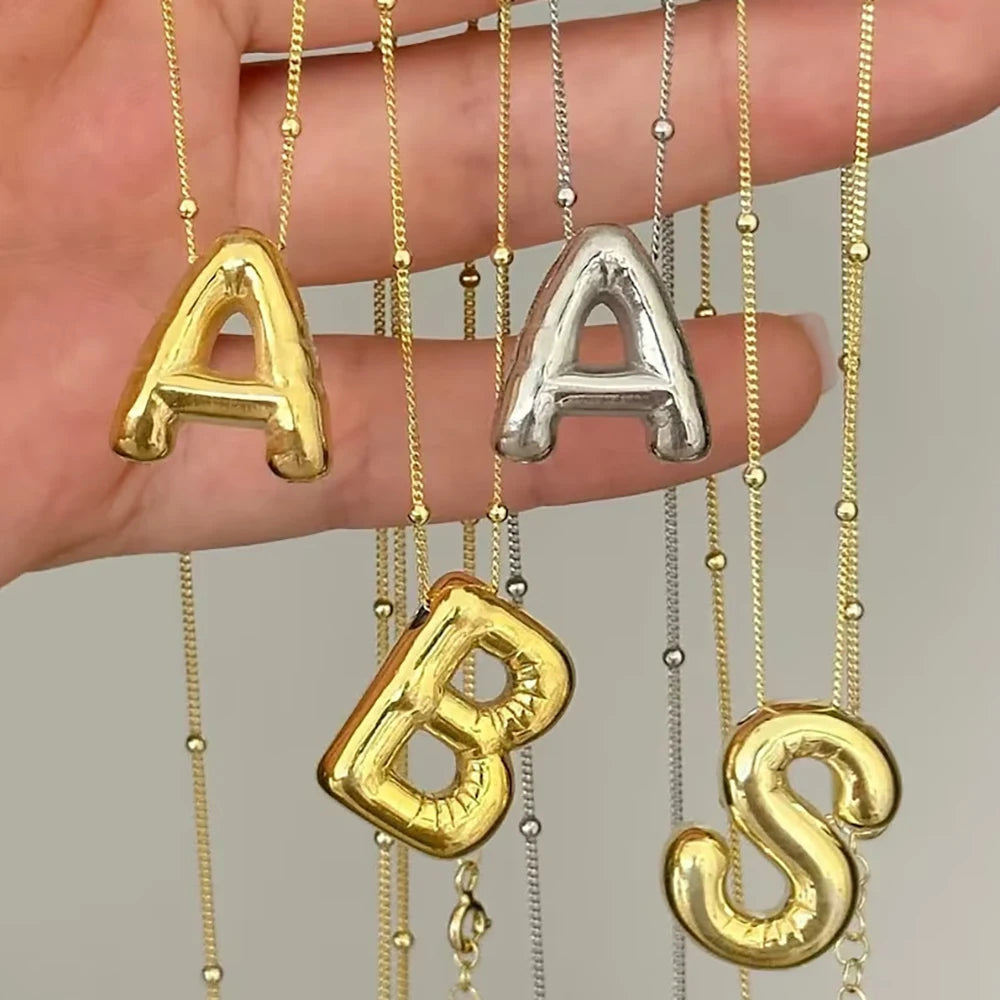 Delicate Chunky Alphabet Balloon Bubble Initial Letter Pendant Women Gold Stainless Steel Necklaces