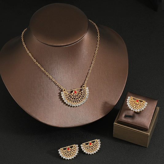 Hot Sale Sector-shaped Geometric Zircon Pendant Gold Women Necklace Earrings Ring Jewelry Set Gifts