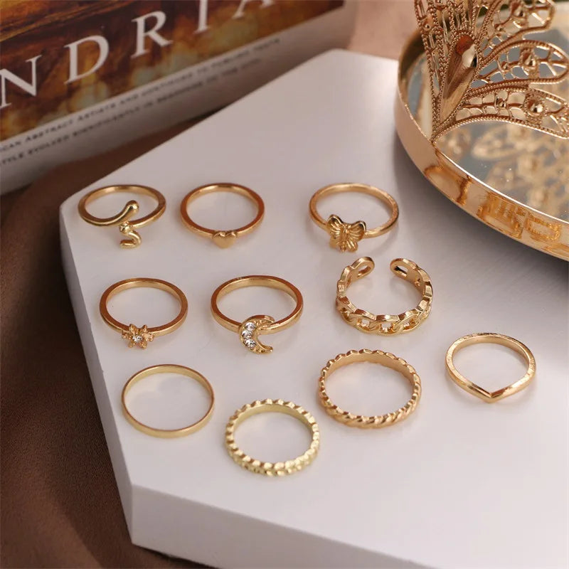 New Fashion Creative Geometric Leaf Wave Hollow Simple Gold Silver Women Rings Set Jewelry Gifts