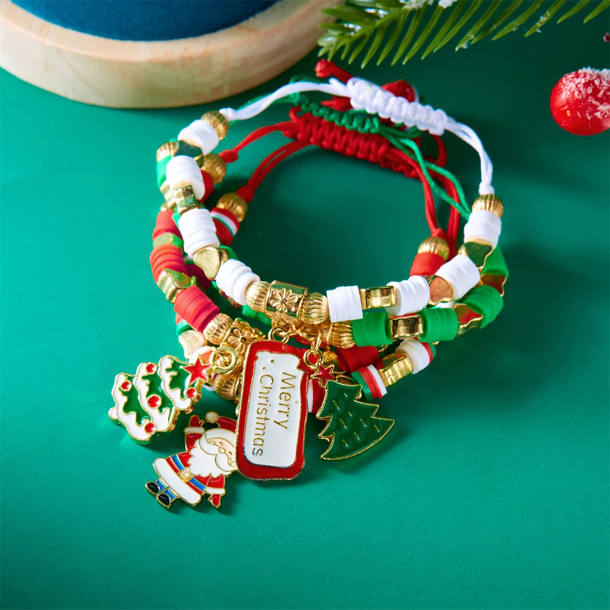 4pcs Merry Christmas Tree Santa Claus Deer Crystal Polymer Clay Beads Woven Women Bracelet Jewelry