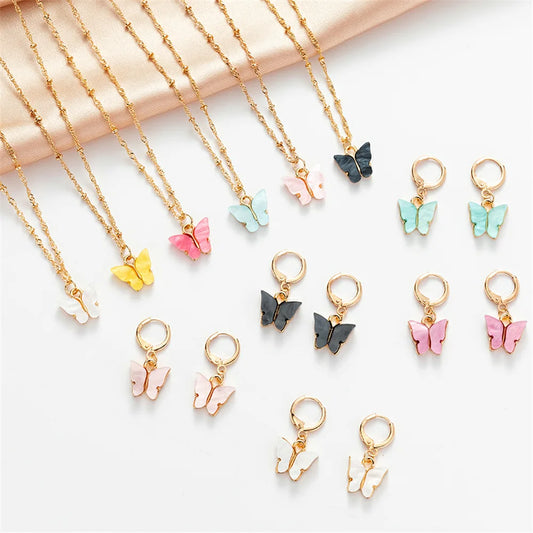 Wu's New Fashion 2 Piece Explosive Acrylic Butterfly Gold Necklace Earrings Women Jewelry Set Gift