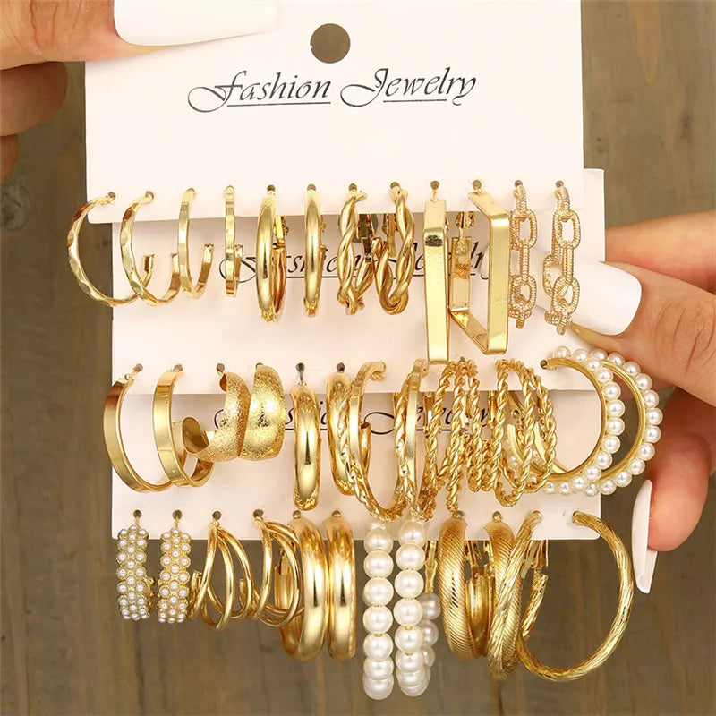 Boho Big Circle Hoop Earring Set Women Gold Vintage Pearl Earring Heart Zircon Ear Stud Jewelry Gift