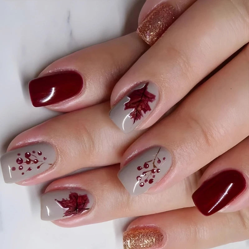 24pcs Maple Leaves Short Autumn Winter Fall Gold Red Full Cover Press On Nails False Nails