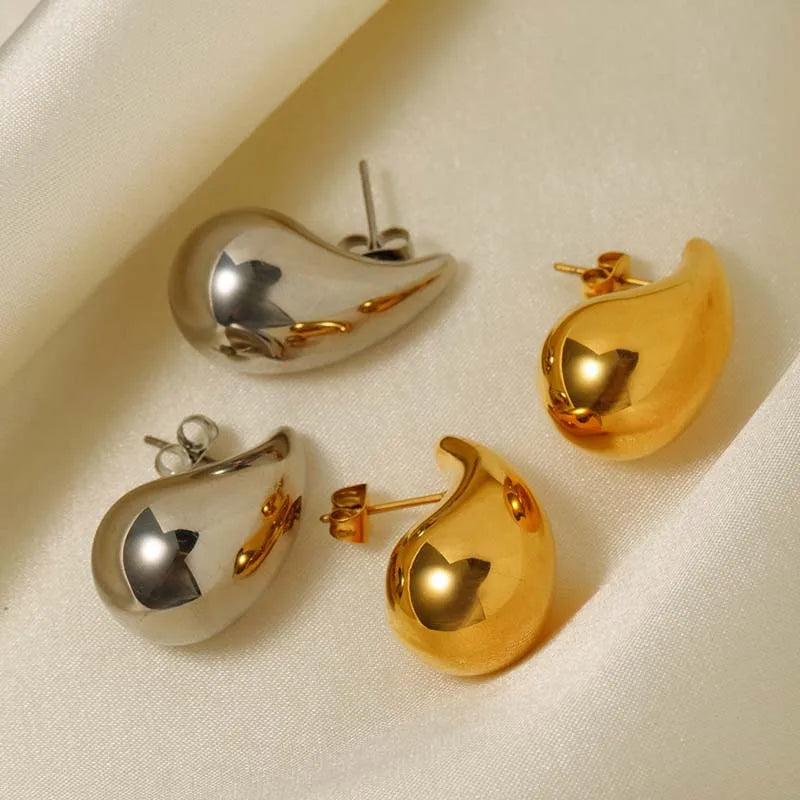 Vintage Fashion Metal Glossy Thick Chunky Teardrop Waterdrop Stud Gold Silver Women Earrings Gifts