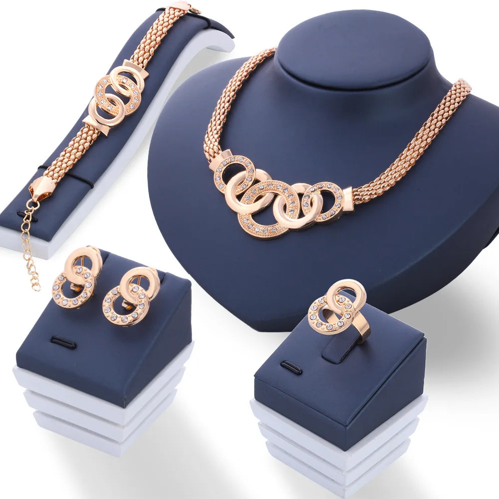 Fashion European American Five-Ring Suit Necklace Earrings Bracelet Ring Women Gold Jewelry Set Gift