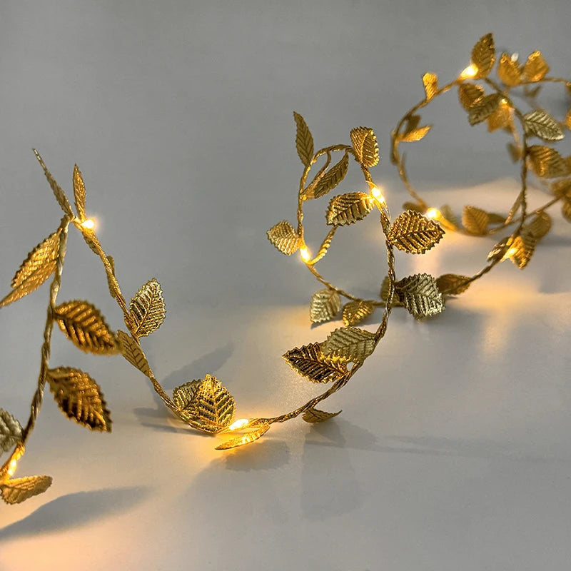 2M 20LED Gold Leaves Artificial Plant String Lights Christmas Birthday Party Home Garden Decoration