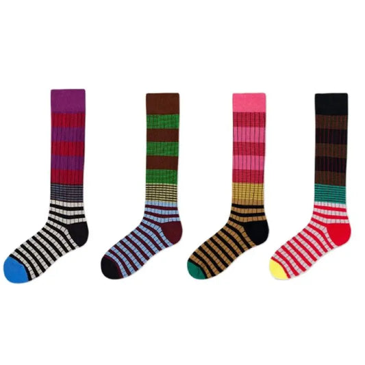 Autumn Winter Gradient Striped Colorful Retro Cotton Women High Tube Soft Sport Casual Calf Socks