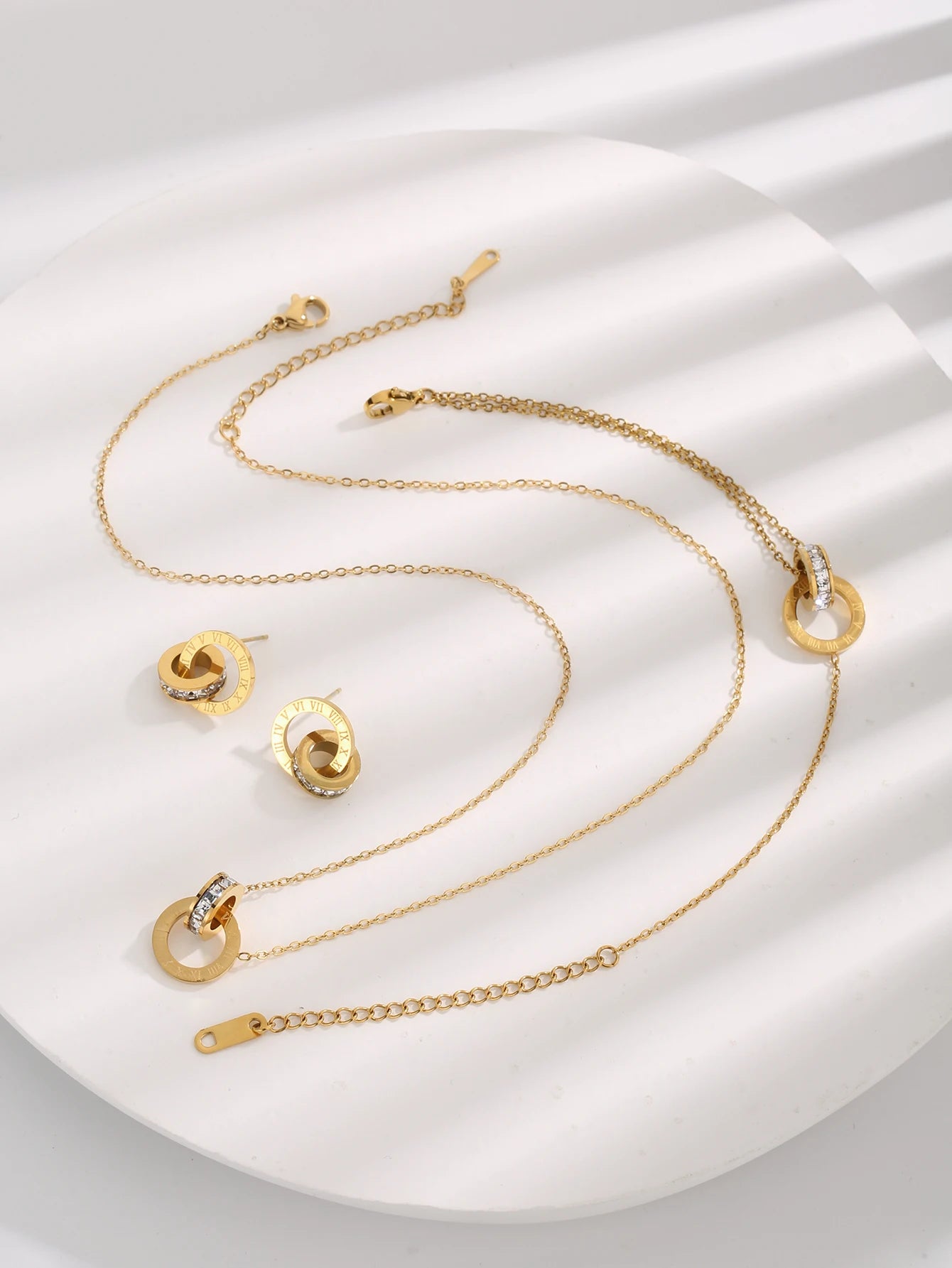 Gold Interlocking Circles Infinity Style Roman Numbers Collar Necklace Bracelet Earring Jewelry Set