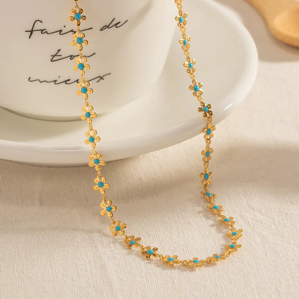 Gold Plated Necklace Bracelet Set Colorful Artificial Crystal Flower Chain Jewelry Set Women Gift