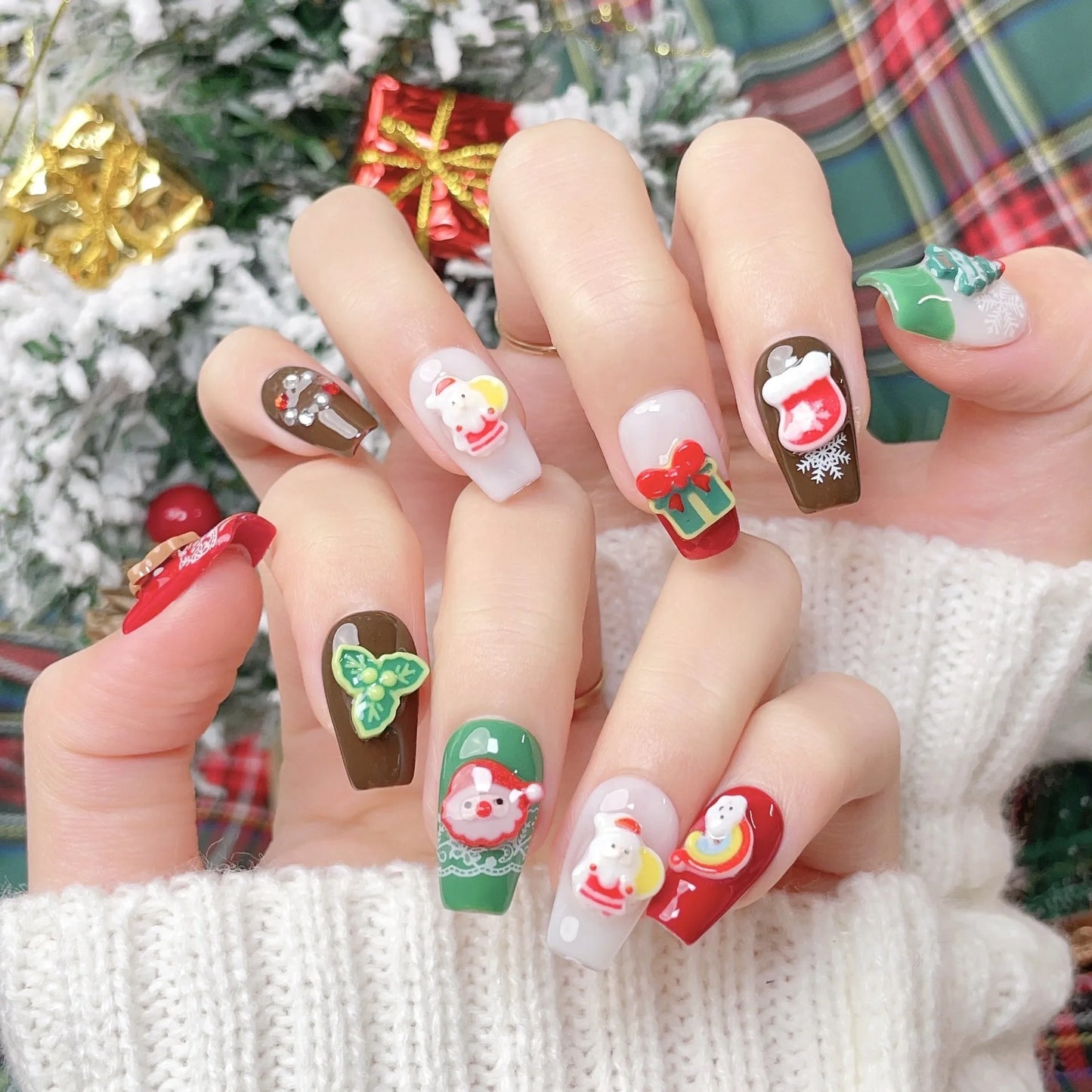 Handmade Short Christmas Snowman Little Deer Design Advanced Wearable Fake Nails Press On Nails Gift