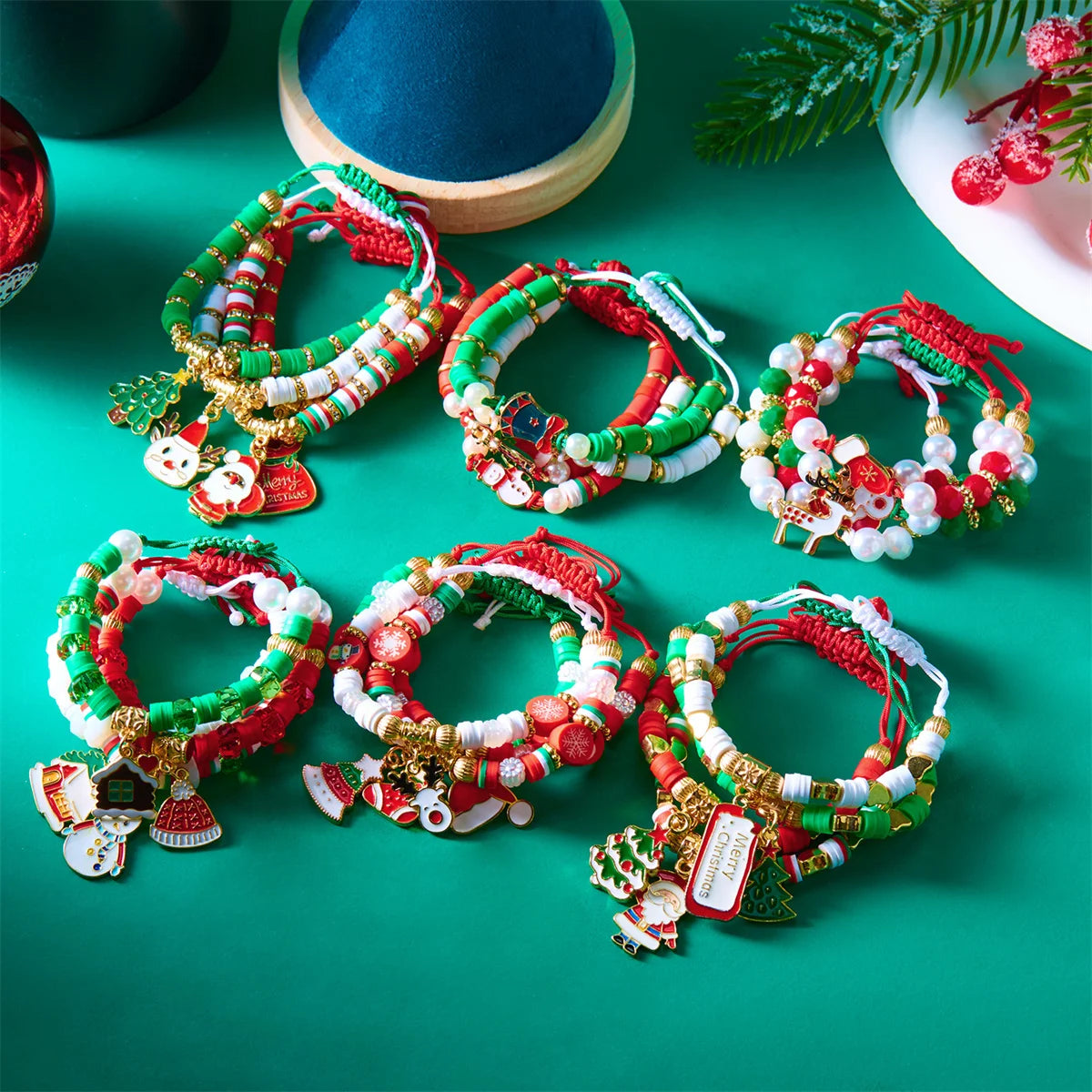 4pcs Merry Christmas Tree Santa Claus Deer Crystal Polymer Clay Beads Woven Women Bracelet Jewelry