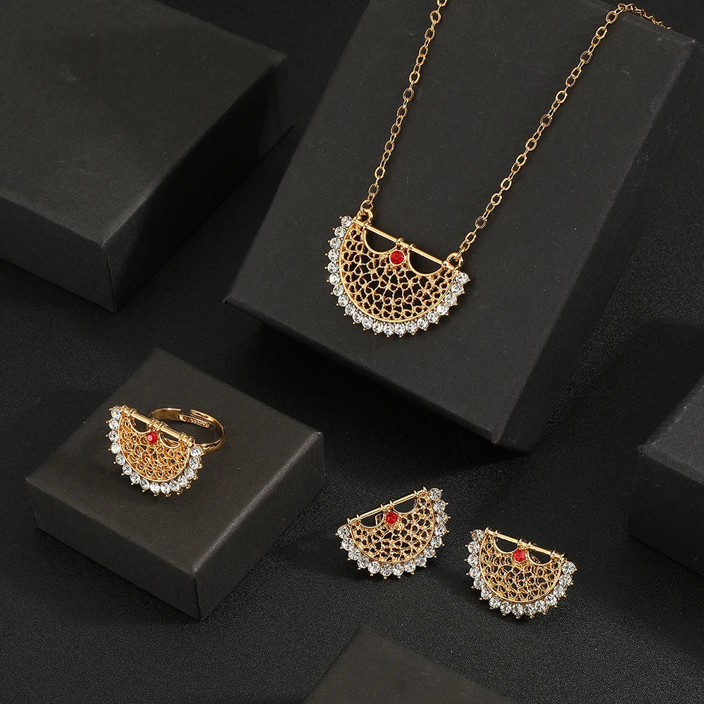 Hot Sale Sector-shaped Geometric Zircon Pendant Gold Women Necklace Earrings Ring Jewelry Set Gifts