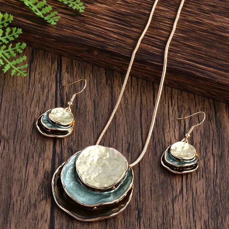 New Vintage Irregular Earring Necklace Circular Pendants Layered Aesthetic Women Jewelry Set Gift