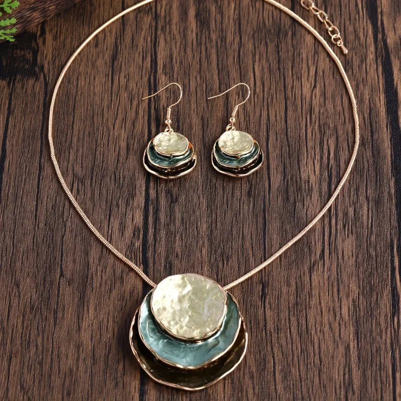 New Vintage Irregular Earring Necklace Circular Pendants Layered Aesthetic Women Jewelry Set Gift