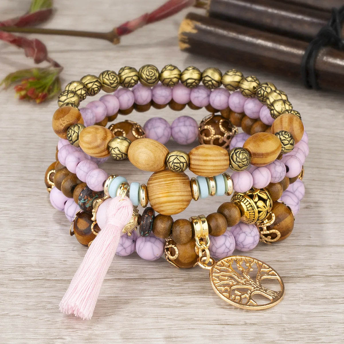 4pcs/Set Bohemia Tree Of Life White Tassel Charm Elastic Chain Wooden Beaded Women Bracelet Set Gift