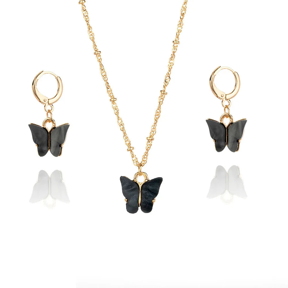 Wu's New Fashion 2 Piece Explosive Acrylic Butterfly Gold Necklace Earrings Women Jewelry Set Gift