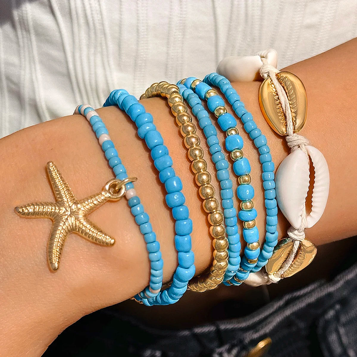 7pcs/Set Bohemia Shell Starfish Sand Beach Measle Multilayer Women Bracelet Set Jewelry Gift