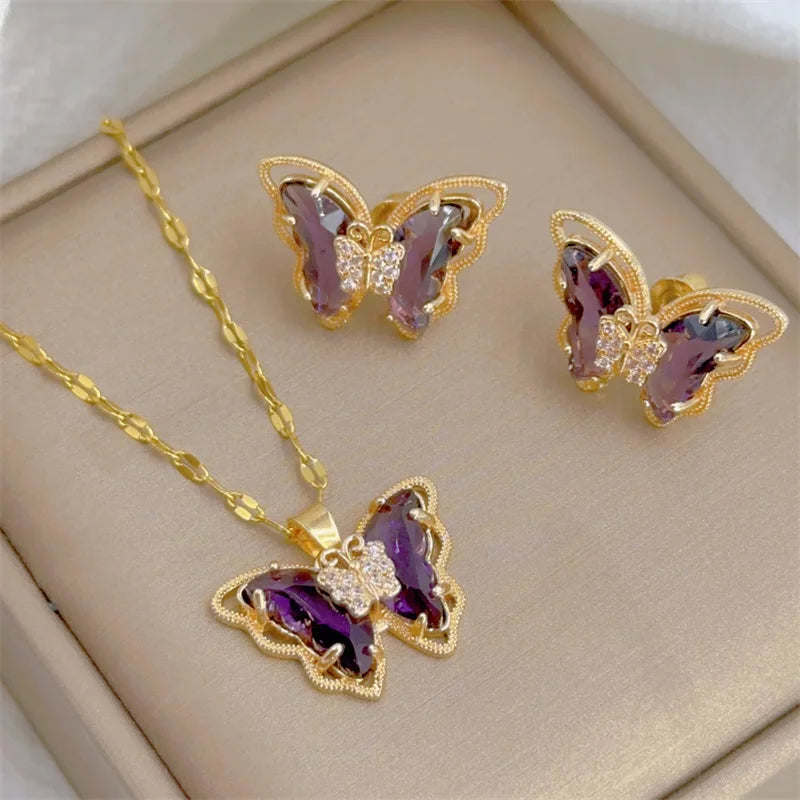 Fashion European American Cute Micro-inlaid Butterfly Necklace Earring Set Classic Light Luxury Gift