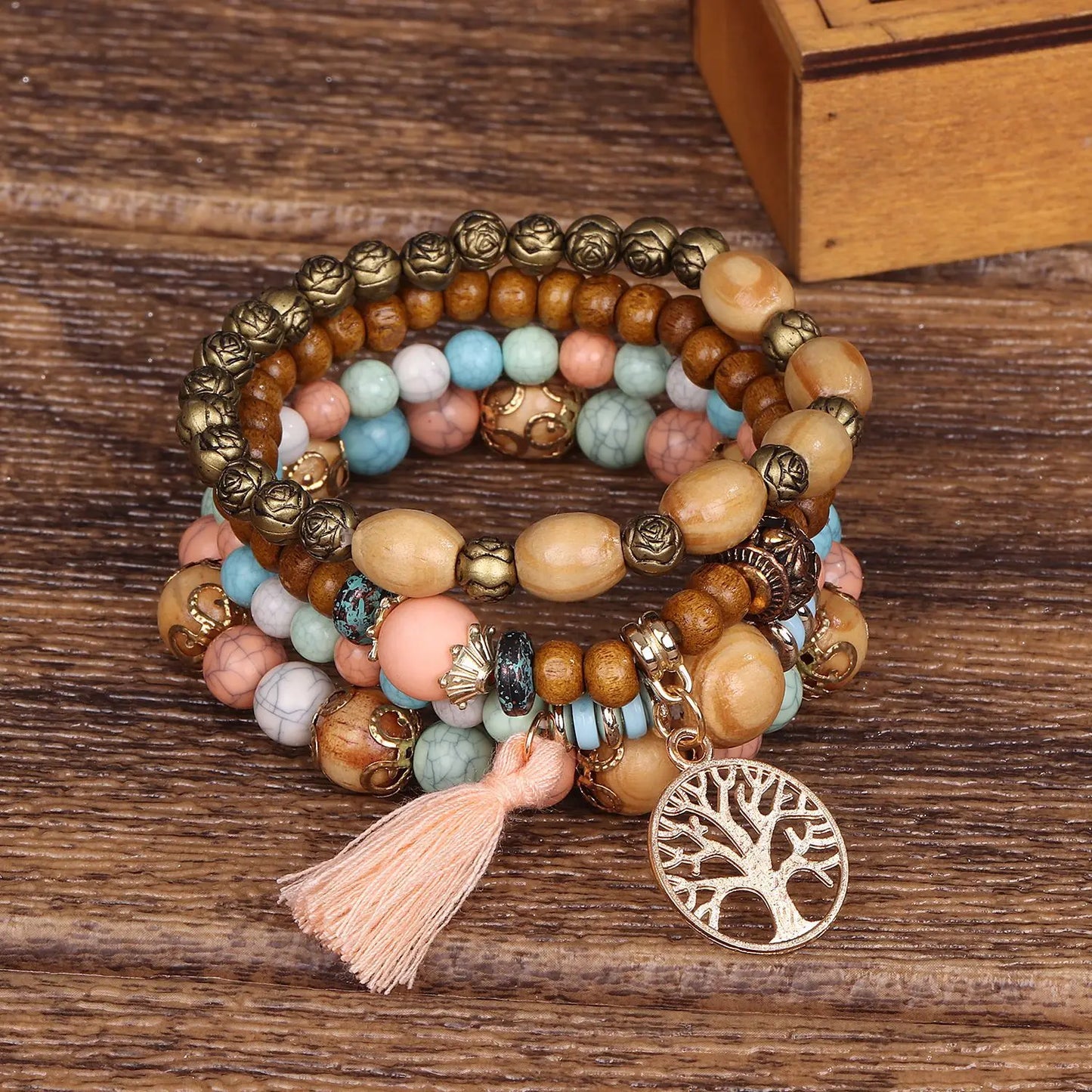 4pcs/Set Bohemia Tree Of Life White Tassel Charm Elastic Chain Wooden Beaded Women Bracelet Set Gift