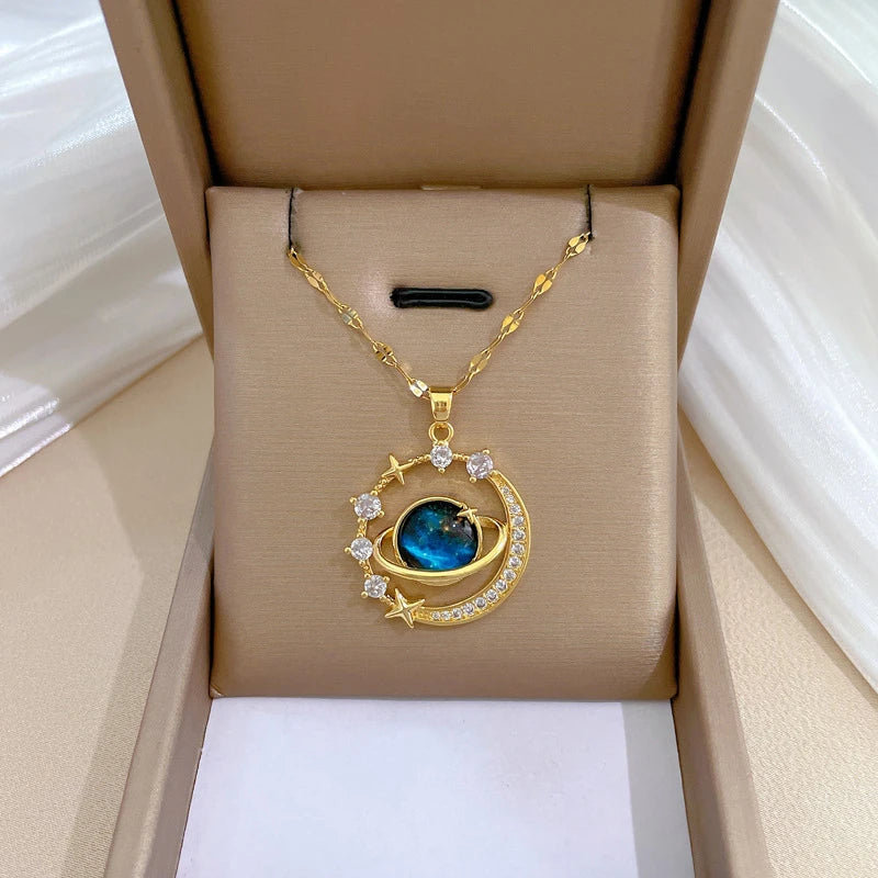 Gold Heart Moon Pendant Shiny Zircon Planet Water Drop Clavicle Choker Women Necklace Jewelry Gifts