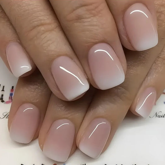 24pcs Simple Square Jelly Glue Gradient French Press on Fake False Nails Short Full Cover Nail Tips