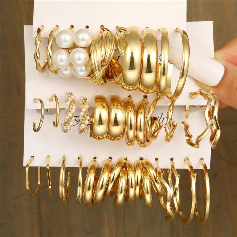 Boho Big Circle Hoop Earring Set Women Gold Vintage Pearl Earring Heart Zircon Ear Stud Jewelry Gift