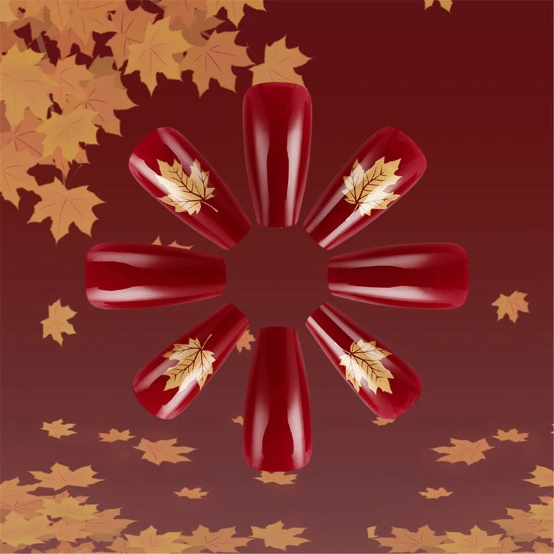 24pcs Short Square Maple Leaf Red Gold Fall Women Press on Nails