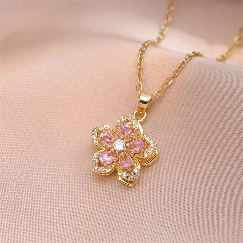 Exquisite Rotating Flower Shiny Zircon Pendant Charm Gold Clavicle Women Chain Choker Necklace Gifts