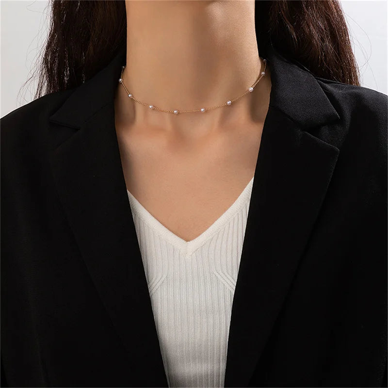 Simple Pearl Choker Women Fashion Double Layer Chain Small Love Heart Pendant Necklace Fall Jewelry