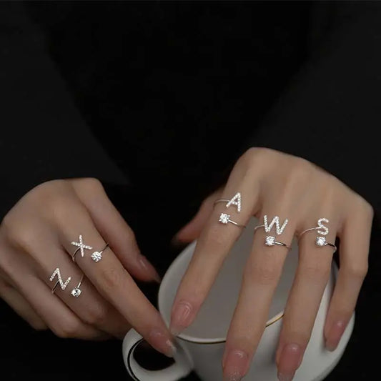 Zircon Initial A-Z Letter Name Alphabet Women Female Metal Adjustable Opening Rings Wedding Gift