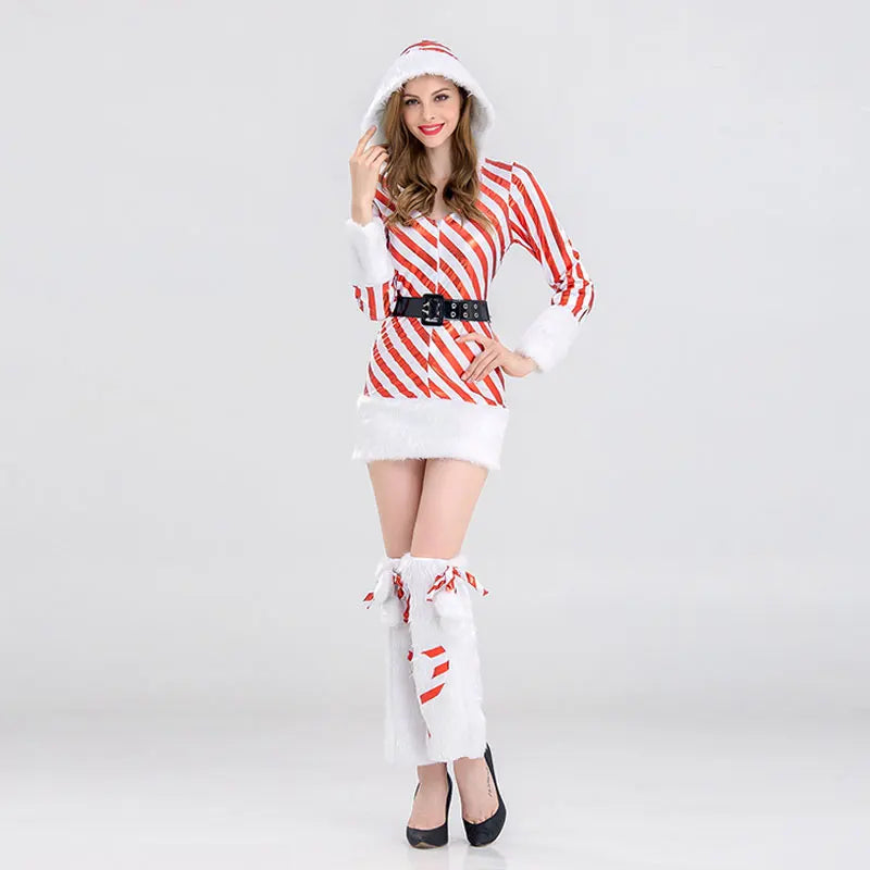 Women Christmas Hooded Dress 3pcs/Set Up Velvet Striped Mrs Claus Santa Xmas Party Cosplay Costume