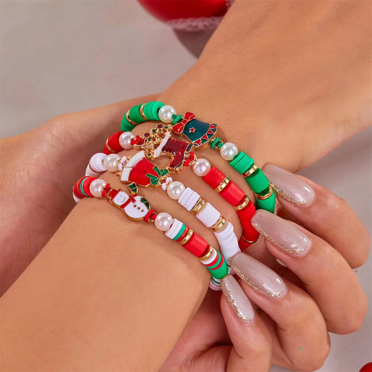 4pcs Merry Christmas Tree Santa Claus Deer Crystal Polymer Clay Beads Woven Women Bracelet Jewelry