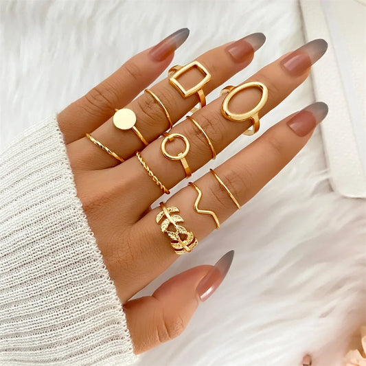 New Fashion Creative Geometric Leaf Wave Hollow Simple Gold Silver Women Rings Set Jewelry Gifts