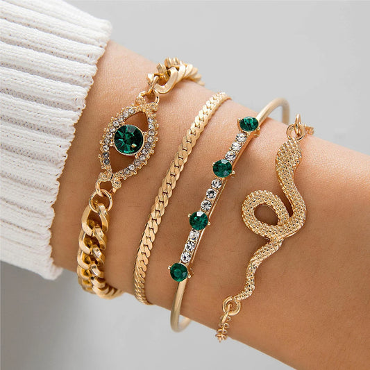 4pcs/Set Fashion Snake Imitation Gemstone Rhinestone Metal Women Bangle Bracelet Set Jewelry Gift