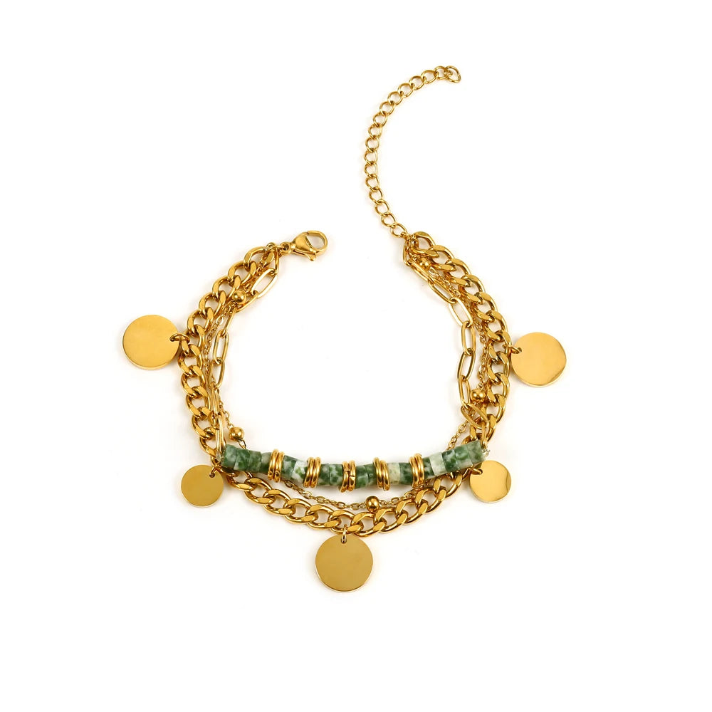 Green Natural Stone Bead Layered Chain Charm Pendant Gold Plated Women Bracelet Jewelry Gift