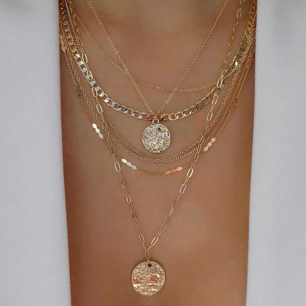 Vintage Gold Multiple Styles Women Boho Trendy Multi-Layer Crystal Pendant Necklace Set Jewelry Gift