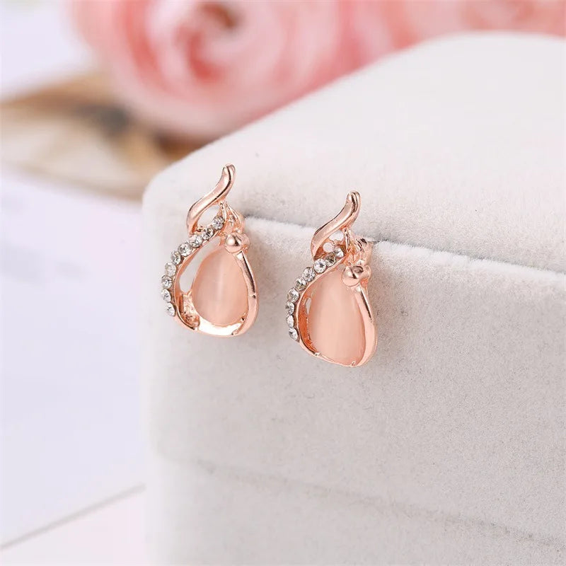 Women Elegant Waterdrop Rhinestone Pendant Necklace Hook Earrings Gold Jewelry Set Gift