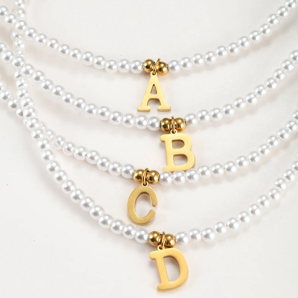 Stainless Steel Letters Initial Pendant DIY Name Simulated Pearls Bead Women Necklaces Choker Gift