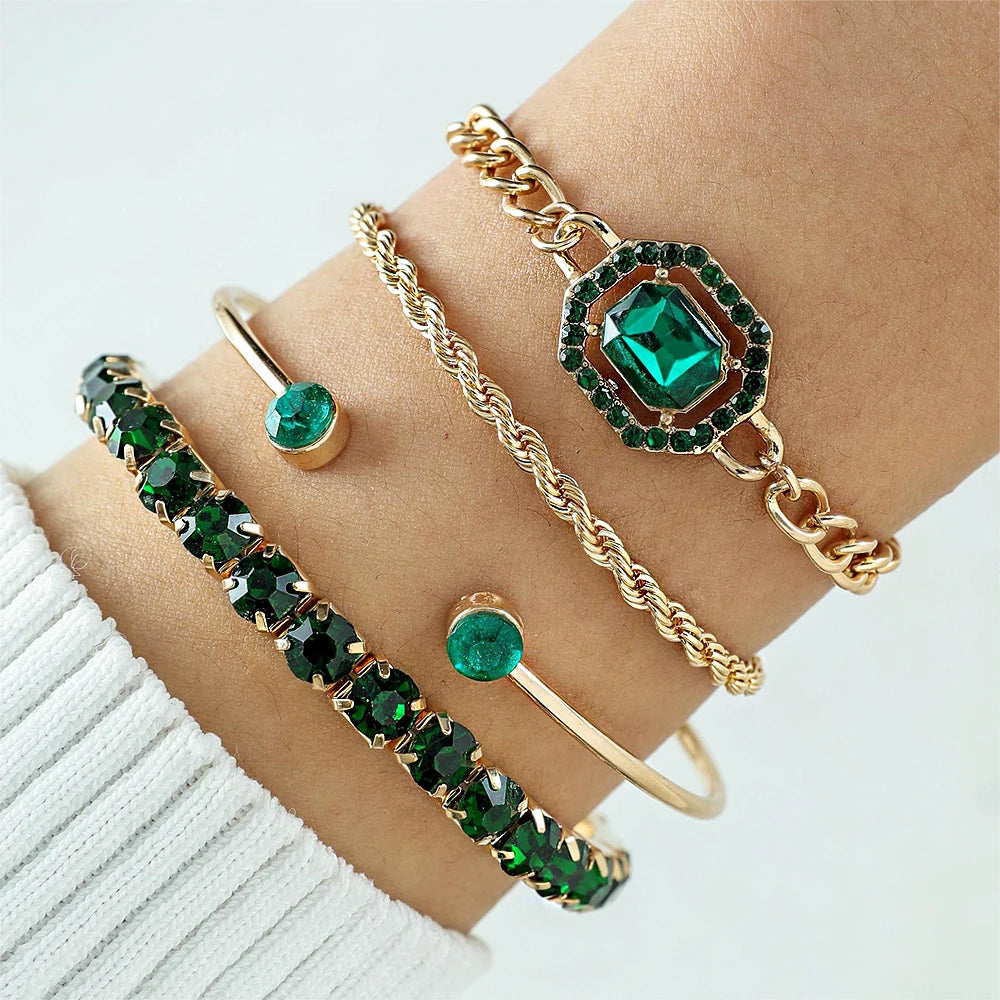 4pcs/Set Fashion Snake Imitation Gemstone Rhinestone Metal Women Bangle Bracelet Set Jewelry Gift