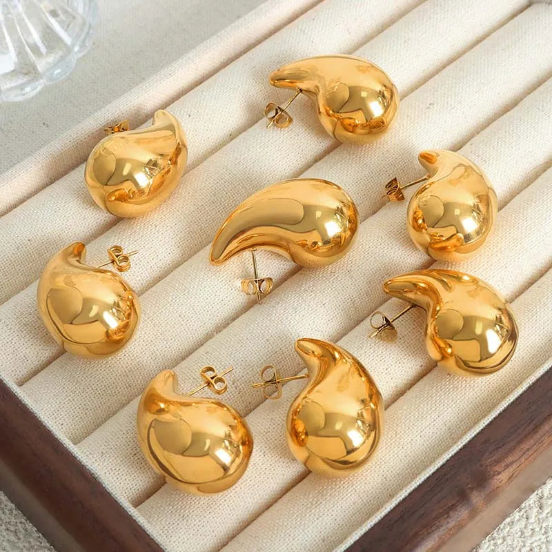 Vintage Fashion Metal Glossy Thick Chunky Teardrop Waterdrop Stud Gold Silver Women Earrings Gifts