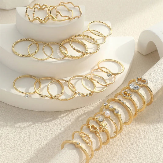 Fashion Simple Wave Joint Crystal Heart Shape Gold Silver Female Women Rings Set Party Jewelry Gifts