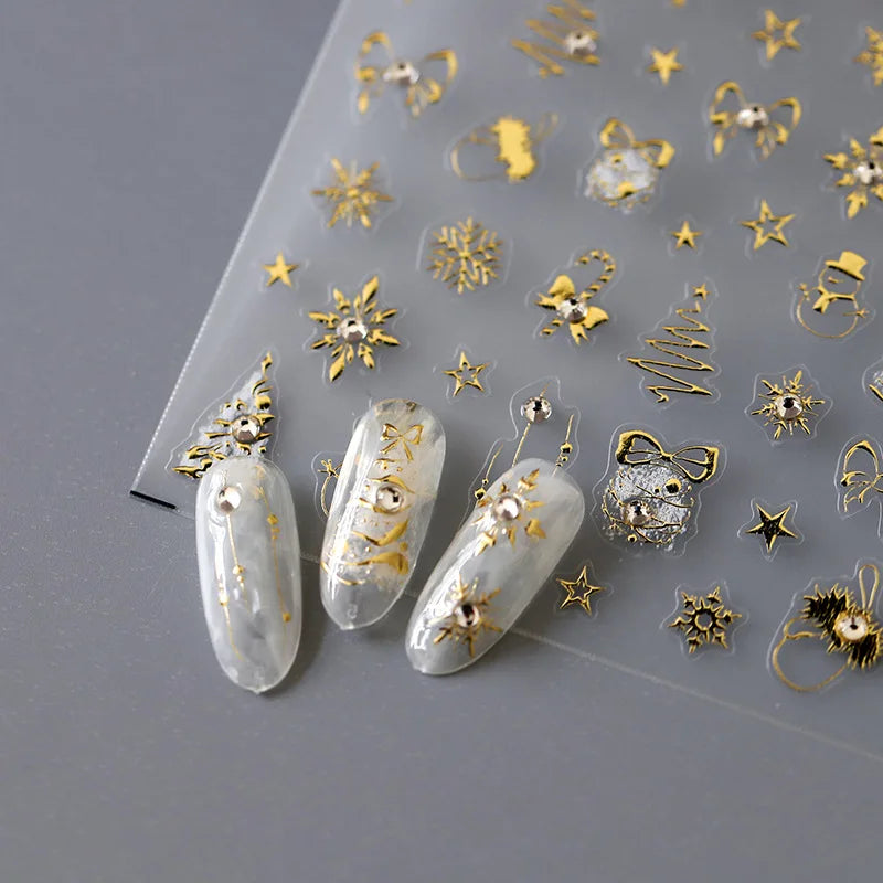 Gold Snowflake Bowknot Snowman 3D Self Adhesive Rhinestone 5D Emboss Relief Christmas Nail Stickers