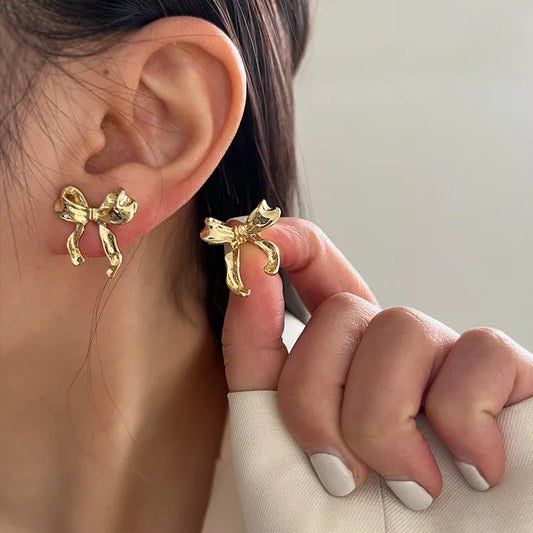 Design Sweet Cool Gold Silver Bow Knot Earrings Women Simple Elegant Jewelry Fall Christmas Gifts