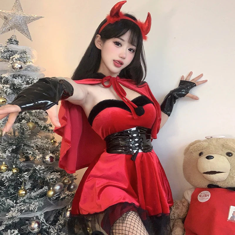 Halloween Little Devil Cosplay Uniform Nightclub Stage Velvet Dress Christmas Dress Girl