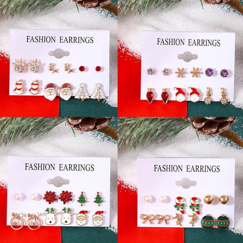 6 pairs Christmas Xmas Tree Elk Snowman Santa Claus Cute Stud Women Girls Kids Earrings Set Gifts