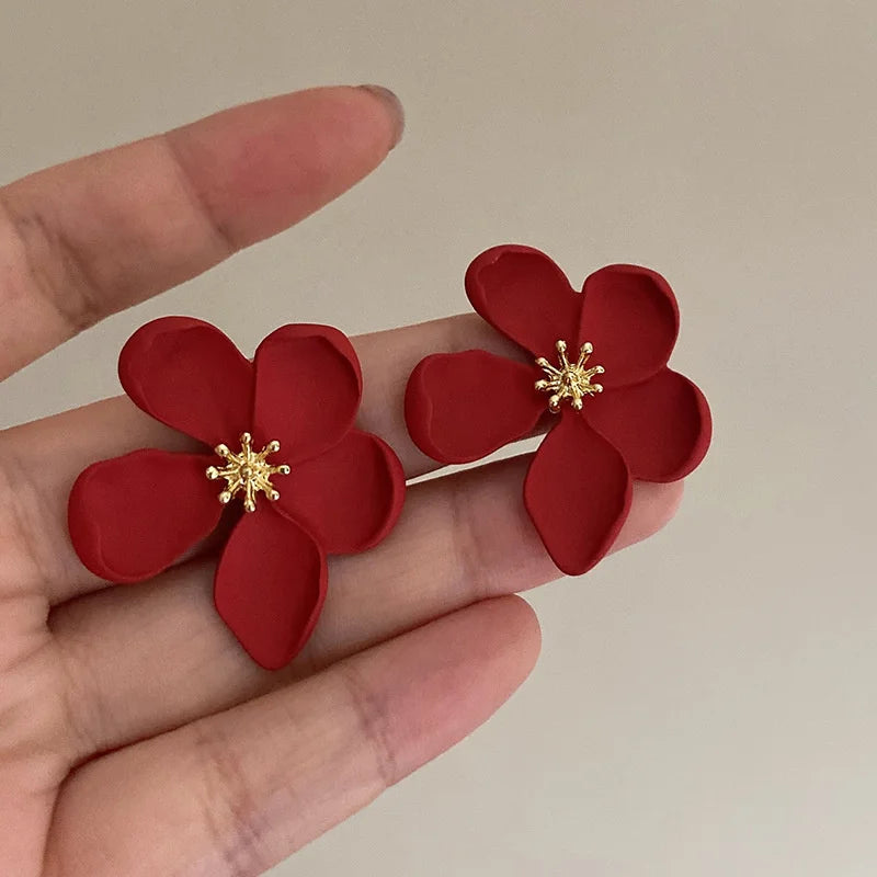 Vintage Fashion Gold Red Matte Texture Metal Flower Women Earrings Jewelry Gifts